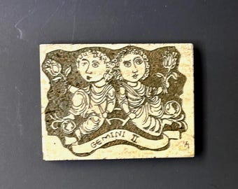 Rodney Winfield Gemini etched/carved marble tile illi cream stone with green paint detail, tabletop decor sculpture, vintage SHIPS FREE