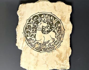 Rodney Winfield etched/carved dog, marble or travertine tile cream stone with green paint detail, tabletop / wall decor, vintage, SHIPS FREE