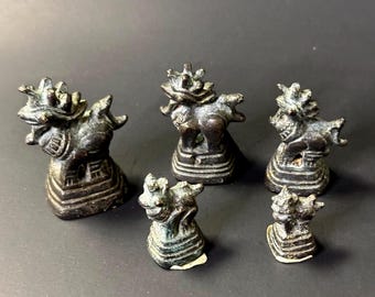 Juego de cinco pesas de opio antiguas birmanas con forma de dragón Foo, bronce macizo, caja vintage, Birmania, ENVÍO GRATIS