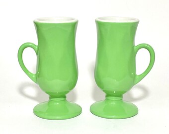 Pair of Vintage Pedestal Mugs in Unusual Avocado Green, Made in USA by HALL, #1270, MCM