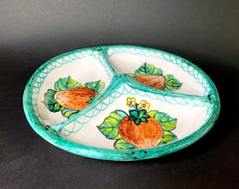Three Section Plate Made by Isaura Pottery in Portugal, hand-painted strawberries, glazed terracotta, signed, unique and rare