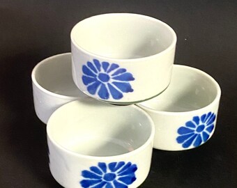Tea or Sake Cups, Set of Four, Made in Japan, White Ceramic w/ Blue Floral Detail, Brown bottom and Green Ring