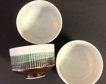 3 Tea or Sake Cups, Made in Japan, white ceramic with green and brown colors and vertical lines detail