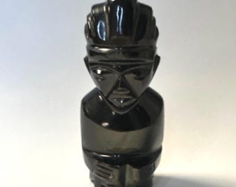 Figura de obsidiana maciza, tallada a mano, pulida, estilo azteca o maya, tiki, negra y dorada, América del Sur y Central, pisapapeles vintage