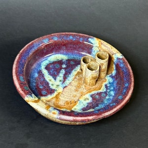 Stoneware Ikebana Dish Jepson Pottery Studio, Bamboo Holder, great vintage shape, purple, blue, green, brown, orange, aqua, vibrant
