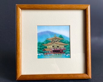 Enamel Painting on Metal, framed and matted in minimalist wooden frame, Japan, Japandi pagoda on water, enamel paint on metal