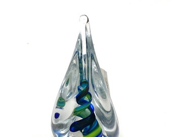 Crystal Glass Paperweight, Made in Poland, blue and green swirl design, handmade and mouth blown, Artist Signed