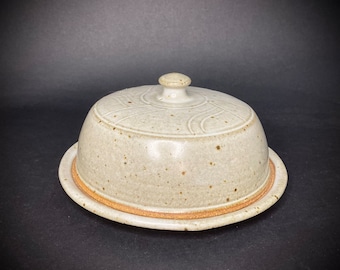 Unique Butter Keeper, Part Glazed Adams Stoneware Pottery, Plate w/ Moat and Decorated Bell Lid Cover, neutral cream, beige gray SHIPS FREE