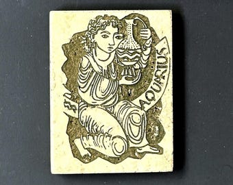 Rodney Winfield Aquarius etched/carved marble tile illi cream stone with green paint detail, tabletop decor sculpture, vintage SHIPS FREE