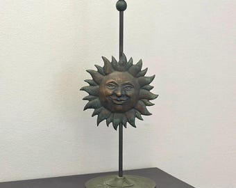 Sun candlestick holder, bronze-like metal, patina, celestial, whimsical, vintage, candelabra, candle holder, Sun with a face, solar motif