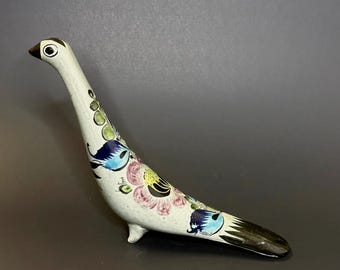 Vintage Tonala Bird Sculpture, Mexican Pottery Folk Art, earthenware, hand painted and decorated, blue, purple and green on gray green base