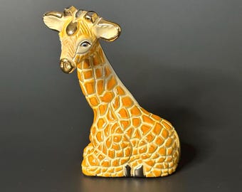 Rinconada Giraffe figurine, ceramic art, gold trim and details, clay pottery, Made in Uruguay, great vintage condition, orange, yellow