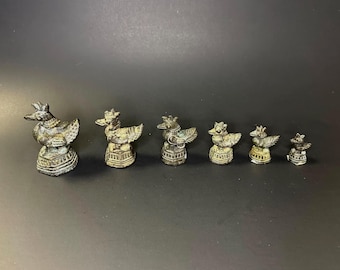 Juego de cinco pesas de opio antiguas birmanas de pato/ganso, bronce macizo, caja vintage, Birmania, ENVÍO GRATIS