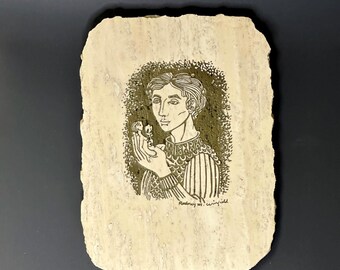 Rodney Winfield etched/carved marble or travertine tile cream stone with green paint detail, tabletop or wall decor, vintage SHIPS FREE