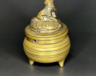 Brass Incense Burner, 1920's Vantine's No 1027 Asian motifs, Made in France, lid, three handles and three feet, antique, altar