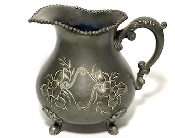 Antique Creamer 1980s Cincinnatus Quadruple plated metal pot, etched floral detail, Queen City Silver Company Ohio
