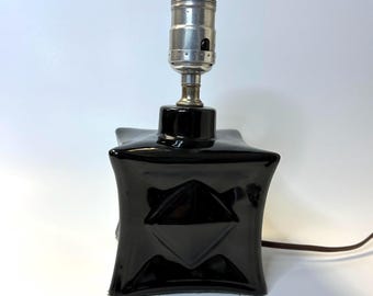 Lámpara de cerámica negra brillante, MCM, cubo, cuadrado, detalles de diamantes, obras, retro mediados de siglo, iluminación vintage
