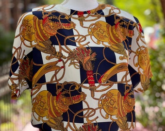 Classic Vintage 90s Baroque Print T-Shirt with Ropes, Carriages and Tassels, Size L