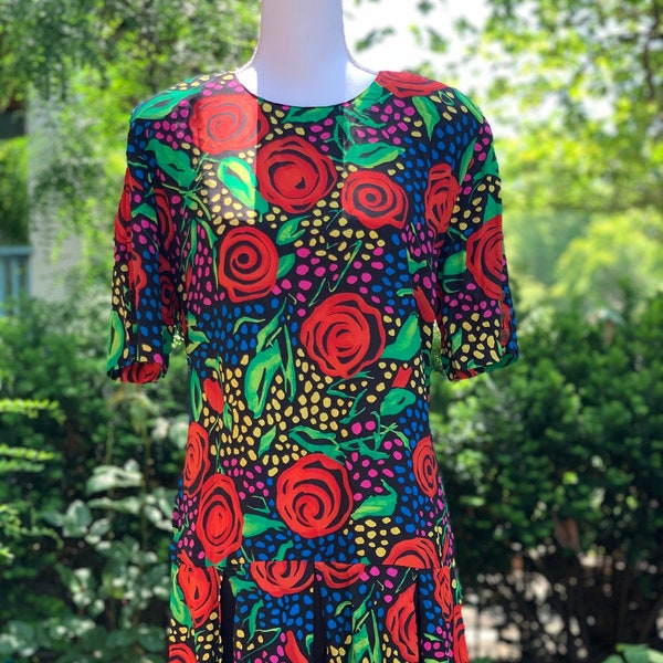 Vintage 80s Flapper Style, Multicolored Drop Waist MiniDress with Pleated Skirt Panels by Carole Little