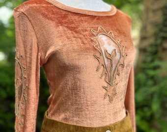 Sporty n Psychedelic Vintage 1960s Rose Gold Velvet Long Sleeved Tee with Lace and Embroidery Cutouts by Lollypops & Roses, Size S