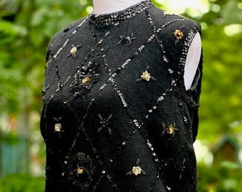 Vintage 60&#39;s Sleeveless Black Wool and Angora Blend Sweater with Hand Beading and Sequin Embellishments by Marchessa, Size M/L