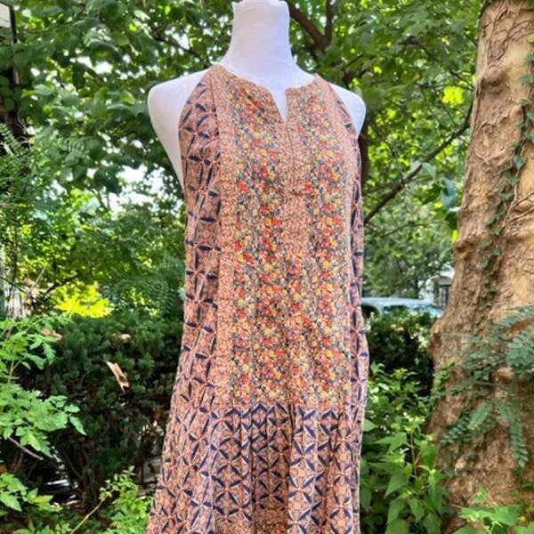 Designer Bohemian Romance: Silk Floral & Geometric Contrast Print Mini Dress w/Split Neckline and Racer Back by Vanessa Bruno, EU 38/US 6