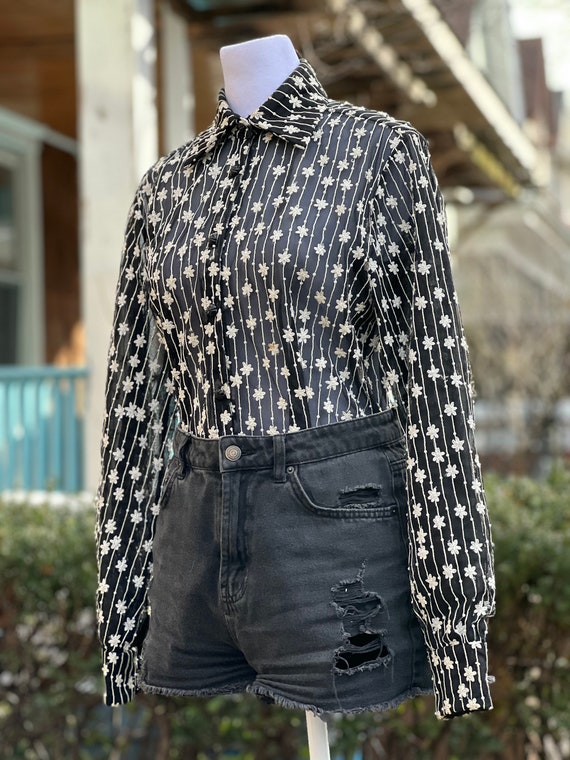 Black and White Sheer Mesh Striped Woven Blouse wi