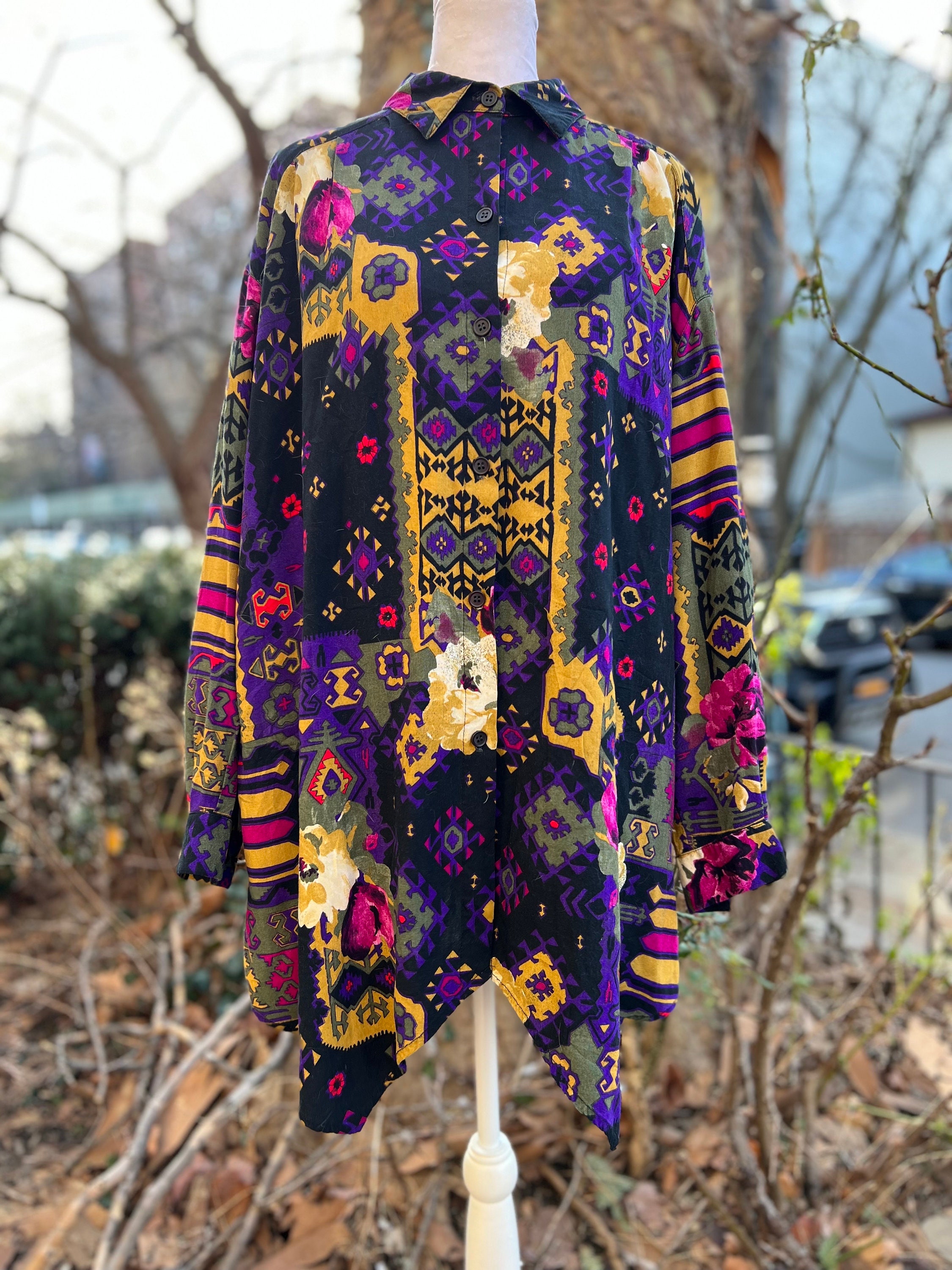 Vintage 90's Streetwear Classic: Multiprint Jewel Toned Plus Size Button Down Blouse with ZigZag Hem by French Vanilla, Size XL