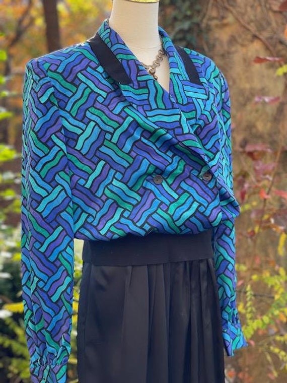 My Cousin Vinny Remix:Vintage 80s Shiny Double Breasted Pullover Blouse w Elastic Waistband + Swirly Damask by Francesca of Damon,Sz 8/10