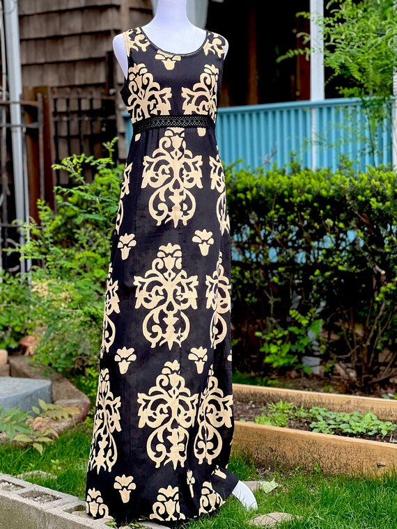 Rare Find! Beachy Marie Eiffel Maxi Sheer Cotton Maxi Dress with Ladder Lace and Black and Taupe Fleur de Lis Print, Size S/6