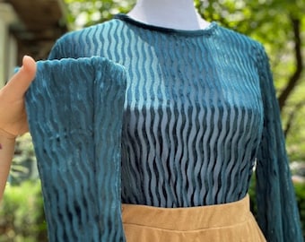Vintage 90s Sheer Mesh n Velour DrapeyTeal Long Sleeved Tee by Liz Claiborne Studio, Sz S/M