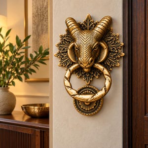 Battente per porta Ariete / Battente a testa di ariete a spirale color oro antico con piastra di riscontro, viti e tasselli / Decorazione audace per porta d'ingresso e stile gotico