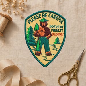 Forest Fire Prevention Patch, Ranger Bear Embroidered Patch, Camping Outdoor Iron On Patch, Wildfire Safety Badge, Nature Lover Gift