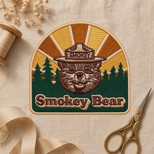 Forest Ranger Bear Patch, Wildfire Prevention Embroidered Patch, Vintage Outdoor Iron On Badge, Camping Nature Gift