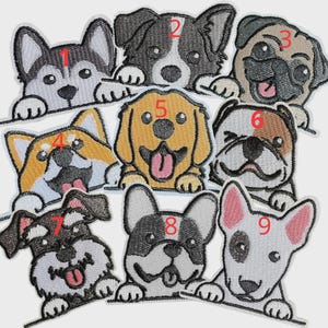 May include: A collection of nine embroidered dog patches, each numbered one through nine, featuring various breeds including a husky, pug, golden retriever, and bull terrier, all depicted with paws resting on a horizontal line in a cartoon style.