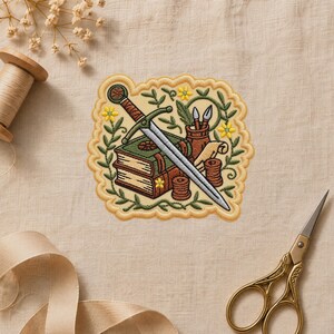 Fantasy Sword Book Embroidered Patch, Book Lover Iron On Patch, Reader Writer Gift, Cottagecore Literary Patch