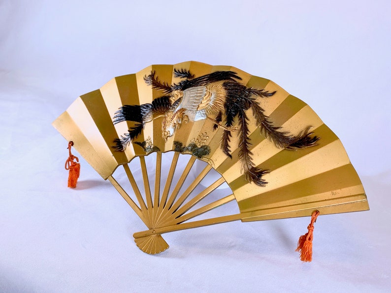 Vintage Japanese Embossed Gold Color Metal Wall Hanging Fan Etsy