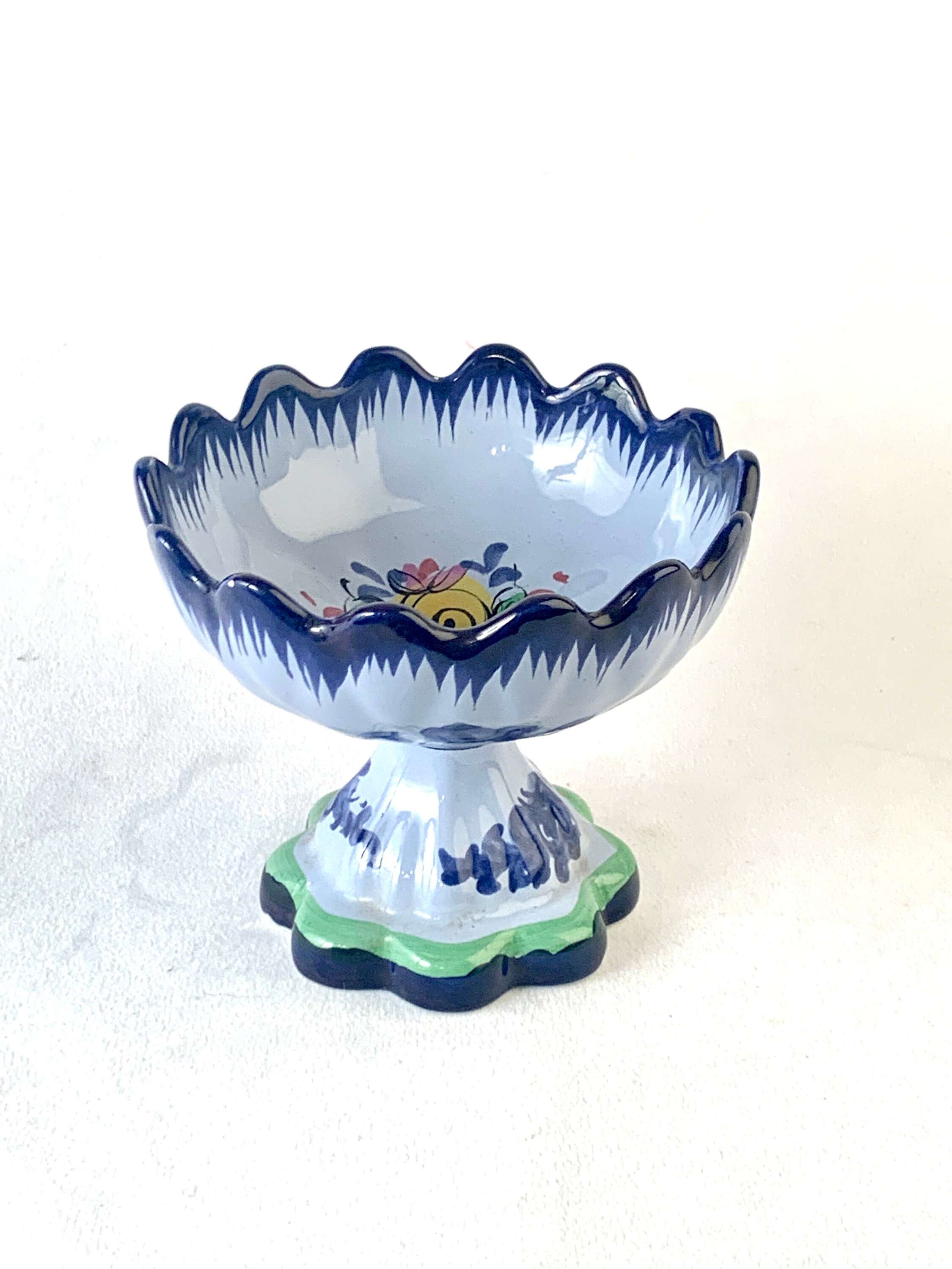 Curated visual reference: Fresh Look at Vintage Vestal Floral Portuguese Blue Ceramic Painted Footed Bowl Dish