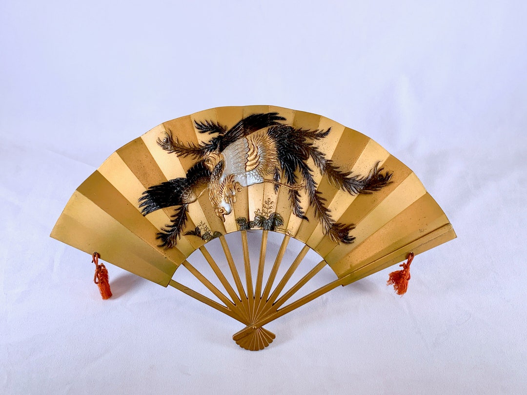 Vintage Japanese Embossed Gold Color Metal Wall Hanging Fan Etsy