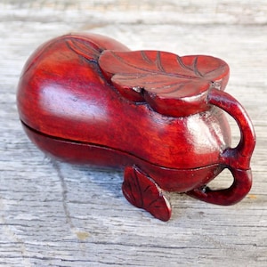 Vintage Chinese Rosewood Gourd Figurine Stash Box Hand Carved Wood Vegetable Squash Form Sculptured Red Wood Trinket Jewelry Box