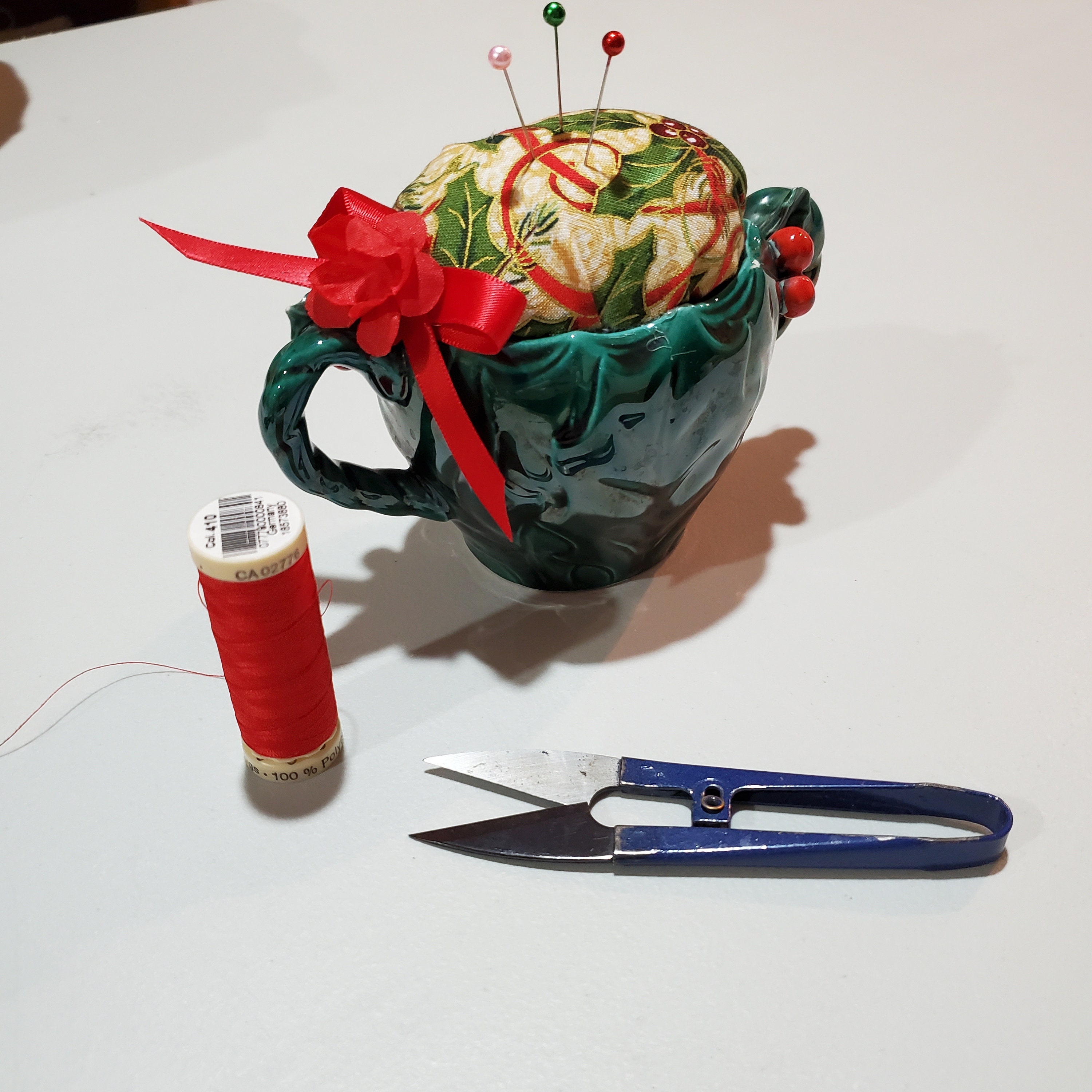 Matching creamer also available Pincushion in a Christmas sugar bowl Dark green with holly berry trim holiday gift for sewer or crafter