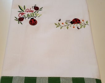 Ladybug Embroidered towels, spring kitchen towels, housewarming gift, new apartment gift, 100% cotton towels