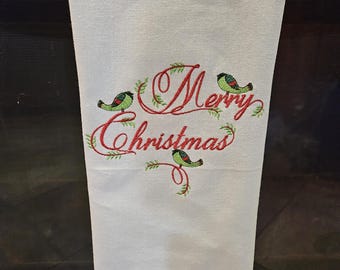 Merry Christmas towels, embroidered towels, kitchen towels, Xmas gift, gift for hostess, cotton kitchen towels, holiday decor.