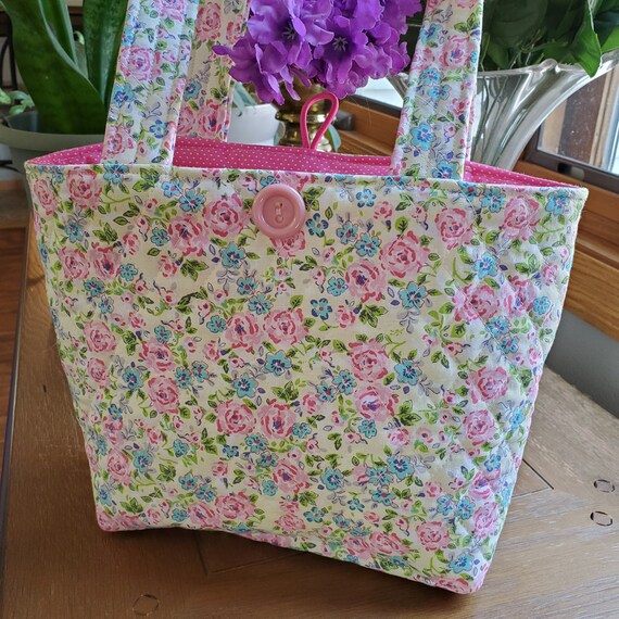 Quilted Small Tote Yellow and Pink Print Bag Open Top Purse