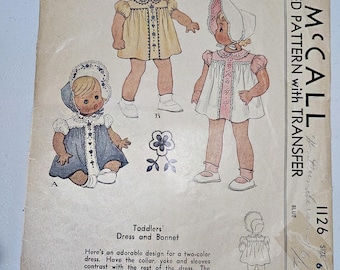 Vintage 1126 McCall's Sewing Pattern Toddlers' Dress and Bonnet with transfer