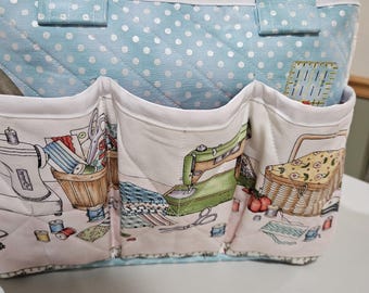 Sewing Caddy for storage of sewing tools and supplies in sewing related fabrics