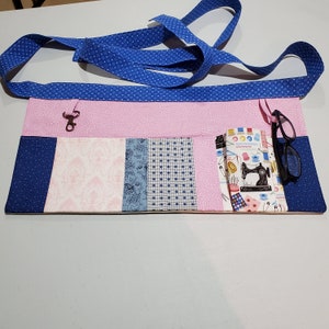 Blue and pink apron, Crafters&#39; apron, 1/2 apron with pockets, hairdresser apron, vendor apron, quilters gift, teacher gift, barista apron