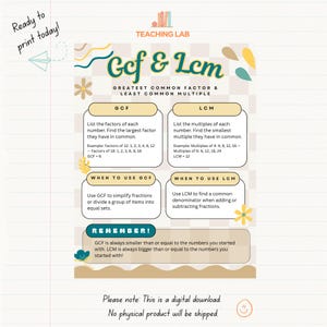May include: A digital educational poster titled Gcf & Lcm, Greatest Common Factor & Least Common Multiple, featuring definitions, examples, and usage instructions. The layout includes four white boxes with rounded corners, decorative floral elements, and a beige checkered background with the text Ready to print today and Please note: This is a digital download. No physical product will be shipped.