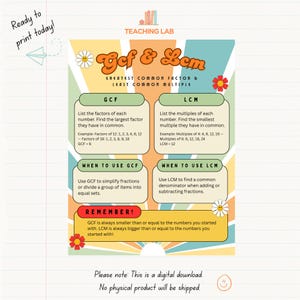 May include: An educational poster titled Gcf & Lcm with the subtitle Greatest Common Factor & Least Common Multiple. It features four boxes explaining definitions and usage for Gcf and Lcm, plus a Remember section, all on a sunburst background.