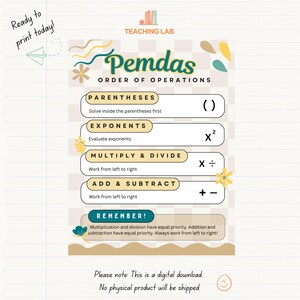 May include: A PEMDAS order of operations educational poster featuring a checkered background with the text Teaching Lab. It lists Parentheses, Exponents, Multiply & Divide, and Add & Subtract with corresponding mathematical symbols and instructional text.